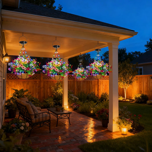 Solar Powered Hanging Flower Basket, Decorative Lighting,