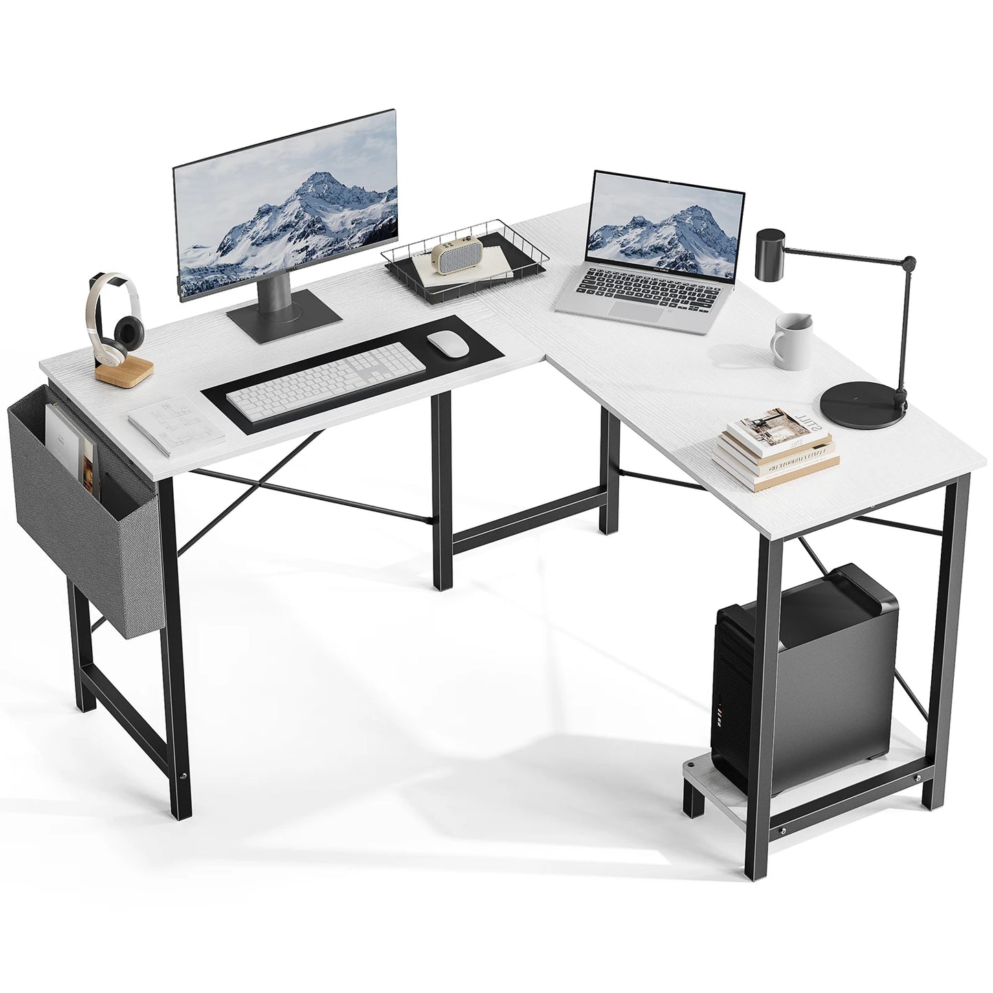 50" Corner Wooden Table with CPU Storage Shelf & Side Bag
