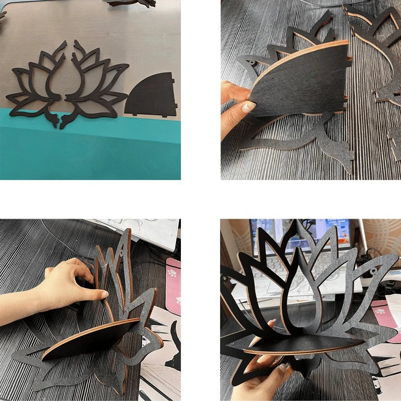 Wooden Corner Shelf, Lotus Hollow Decorative Rack