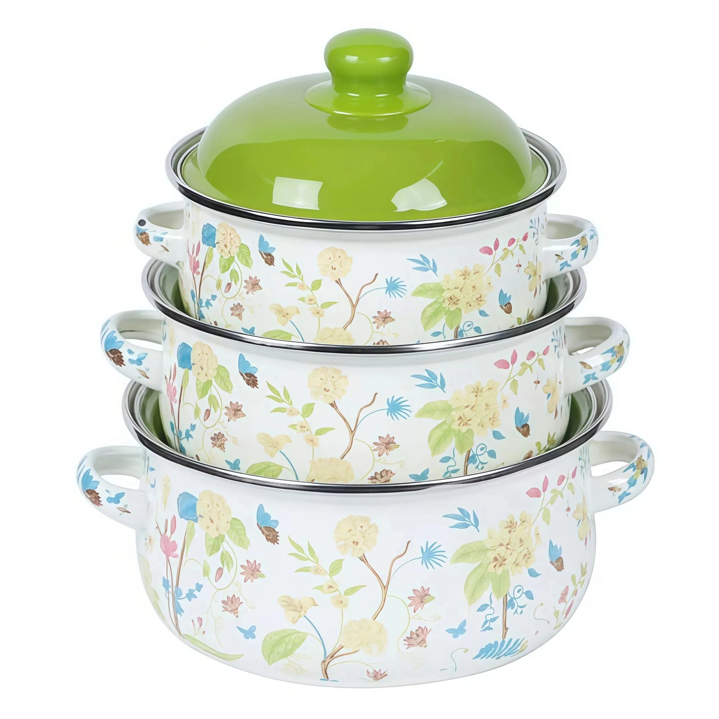 Retro 3pc Flat Bottom Vintage Enamel Stock Pot Set w/Lid, 34oz/51oz/68oz