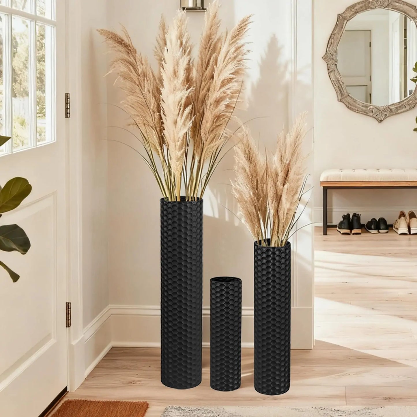 Set (3) Extra Large Black Tall Metal Decorative Vases, 27.6"