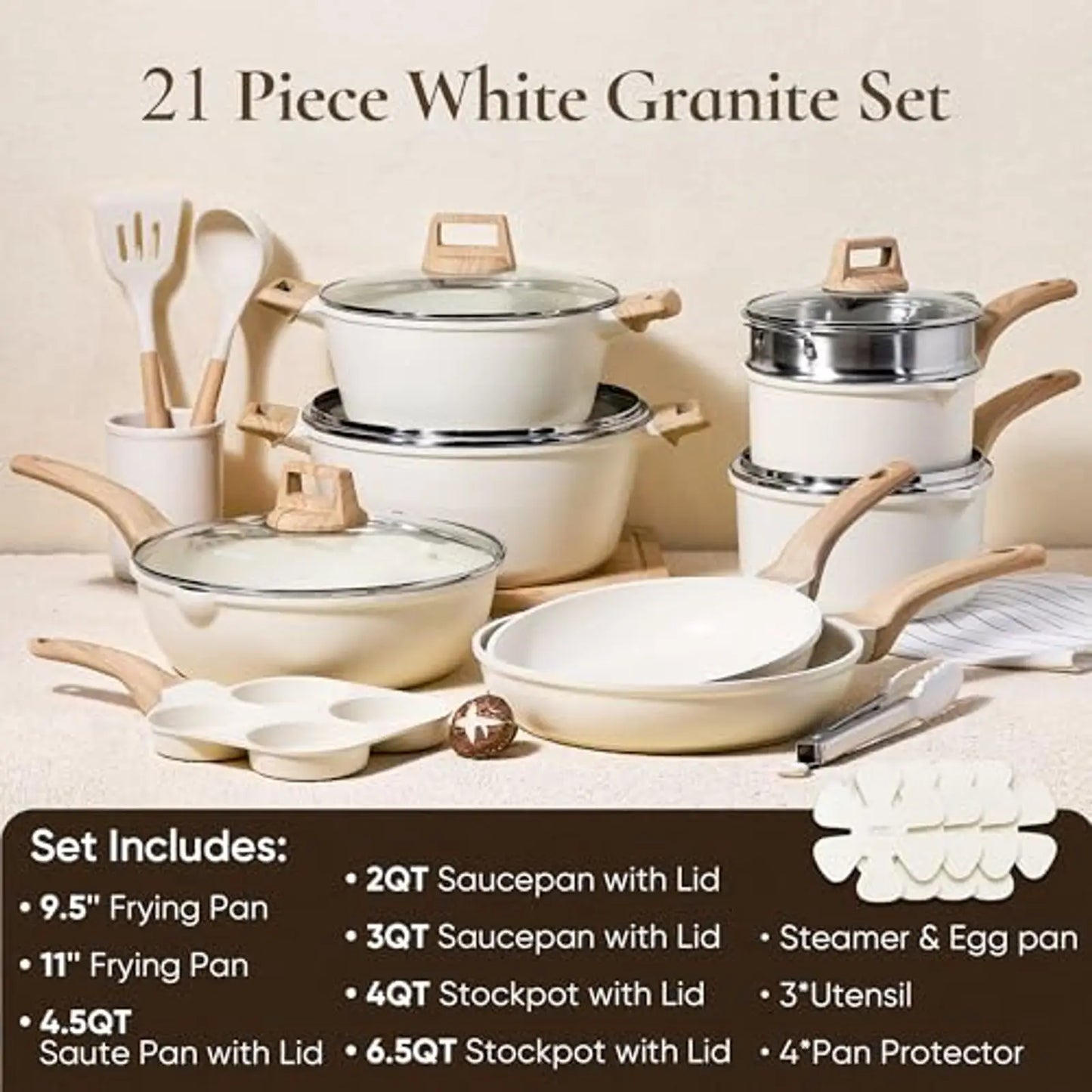 21pc Induction Cookware Set Nonstick, White Granite Pots and Pans