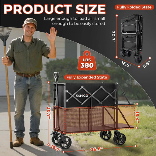 2 Tier 320L Double Decker Collapsible Wagon Cart w/Big Wheels