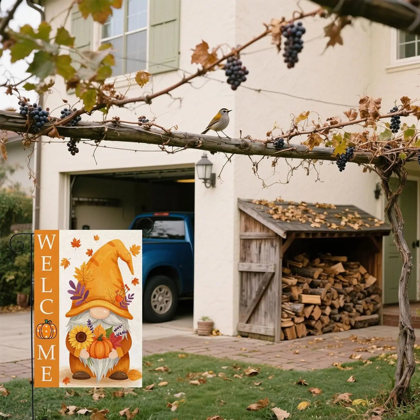 Welcome Fall Gnome Garden Flag 12"x18", Autumn Leaves, Pumpkin, Double-Side