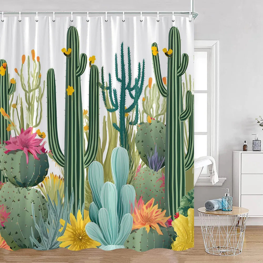 Cute Greenery Print Shower Curtain with Hooks