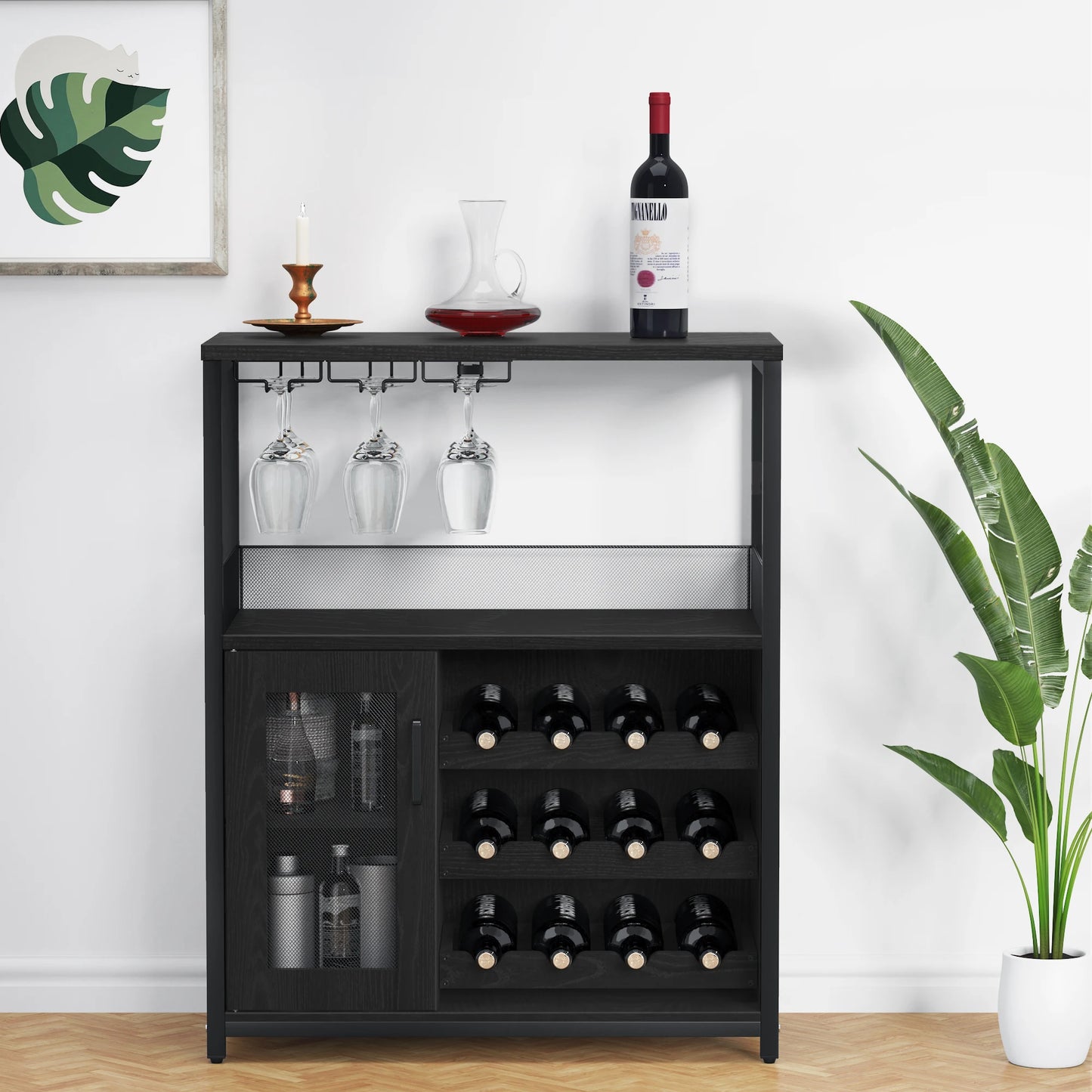 3-Tier Wine Bar Cabinet w/Adjustable Shelves & Glass Holders