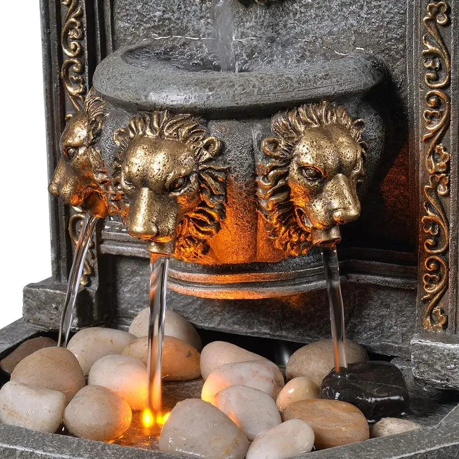 10.3" Tabletop Lion Head Polyresin Indoor Zen Waterfall