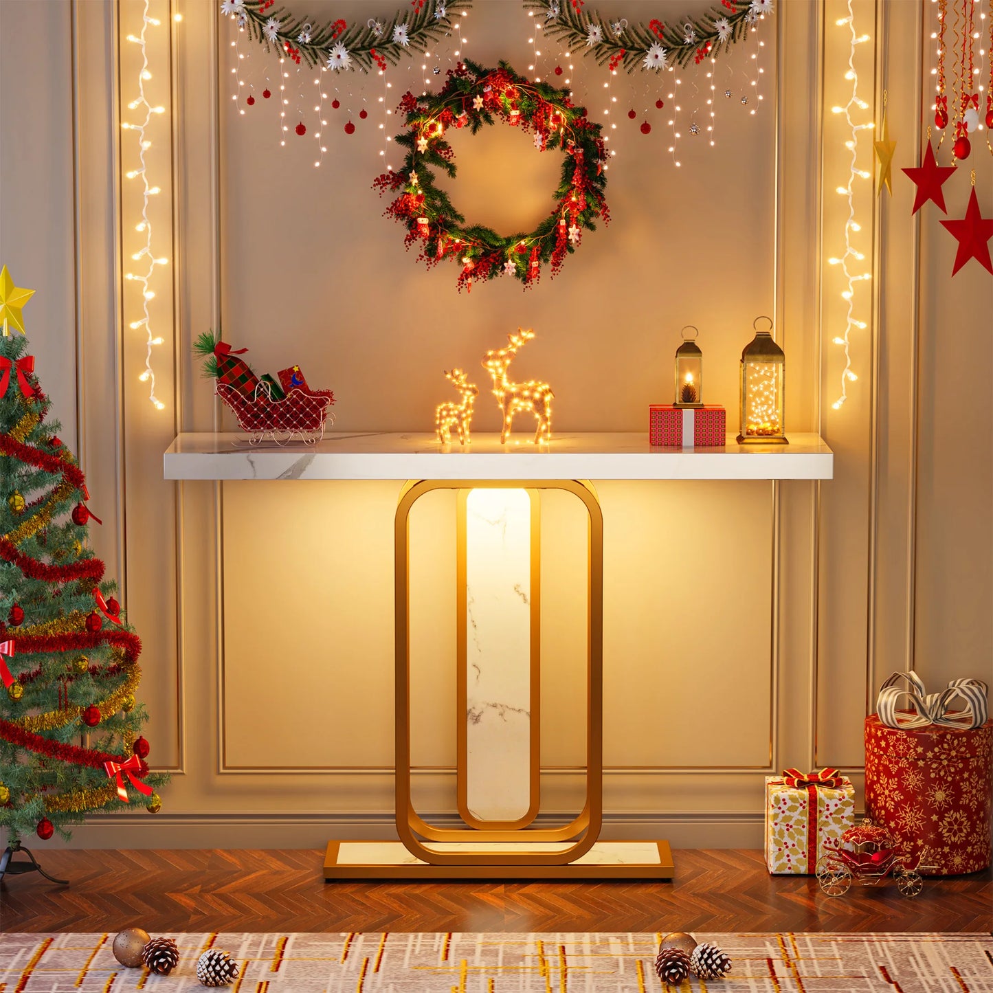 Modern Accent Gold/White Console Table , LED Lights,