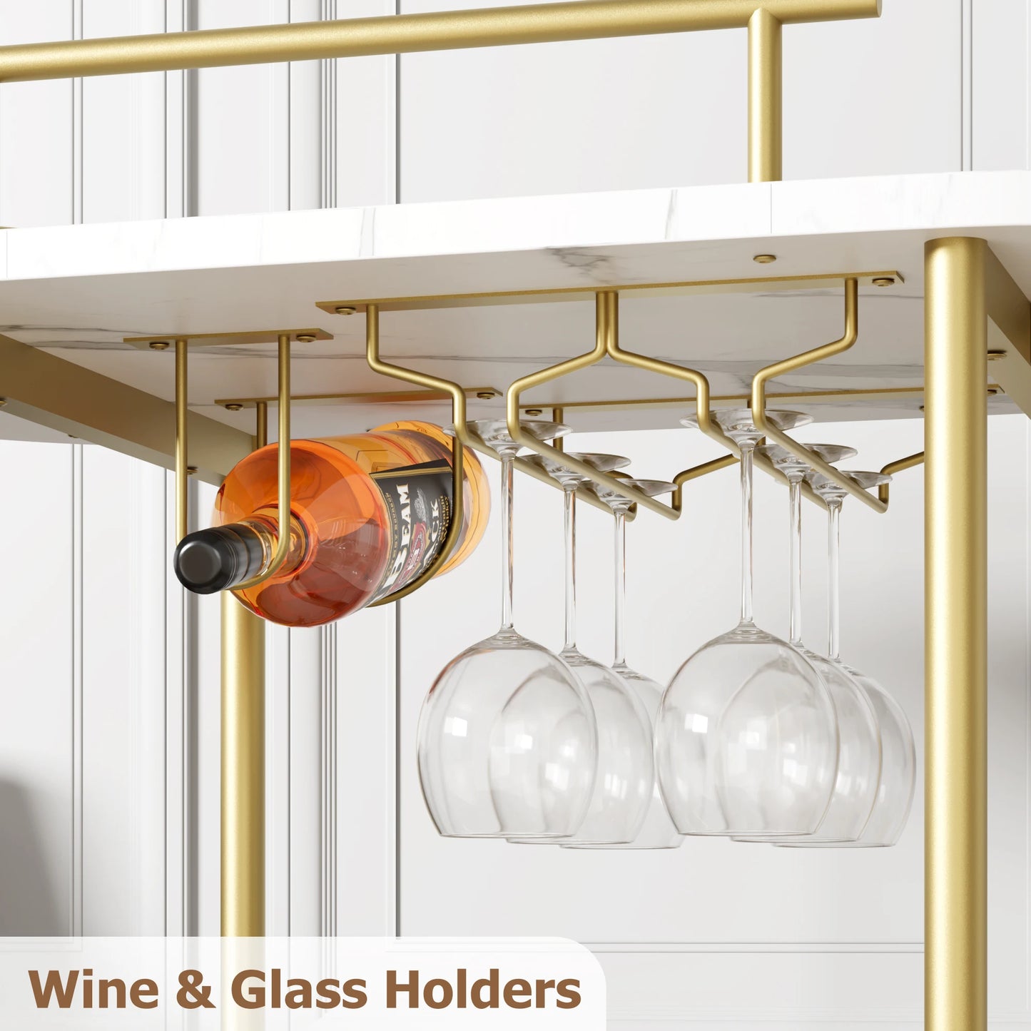Mobile Bar Cart w/4-Tiers Storage Shelves, Gold