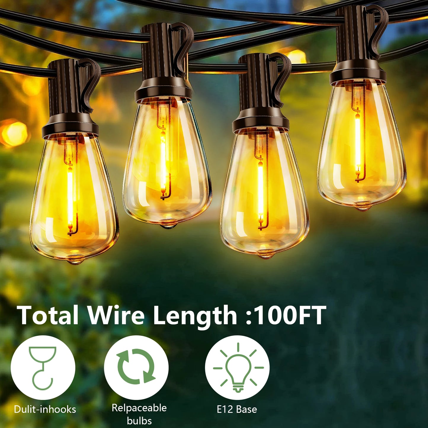 100' Solar Outdoor String Patio Lights, Shatterproof, Remote