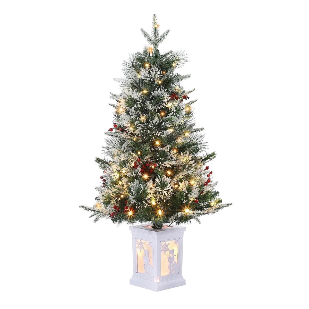3FT Snow Flocked Artificial Christmas Tree with 78 LED Lights, Potted Xmas Tree with Deer Base and Timer Function for Holiday Decoration
