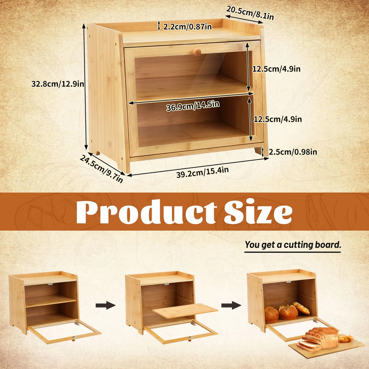 Bamboo Bread Box for Kitchen Countertop (Natural), Double Layer with Window