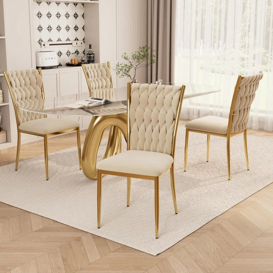 Set (4) Modern Velvet Upholstered Dining Chairs w/Gold Metal Legs