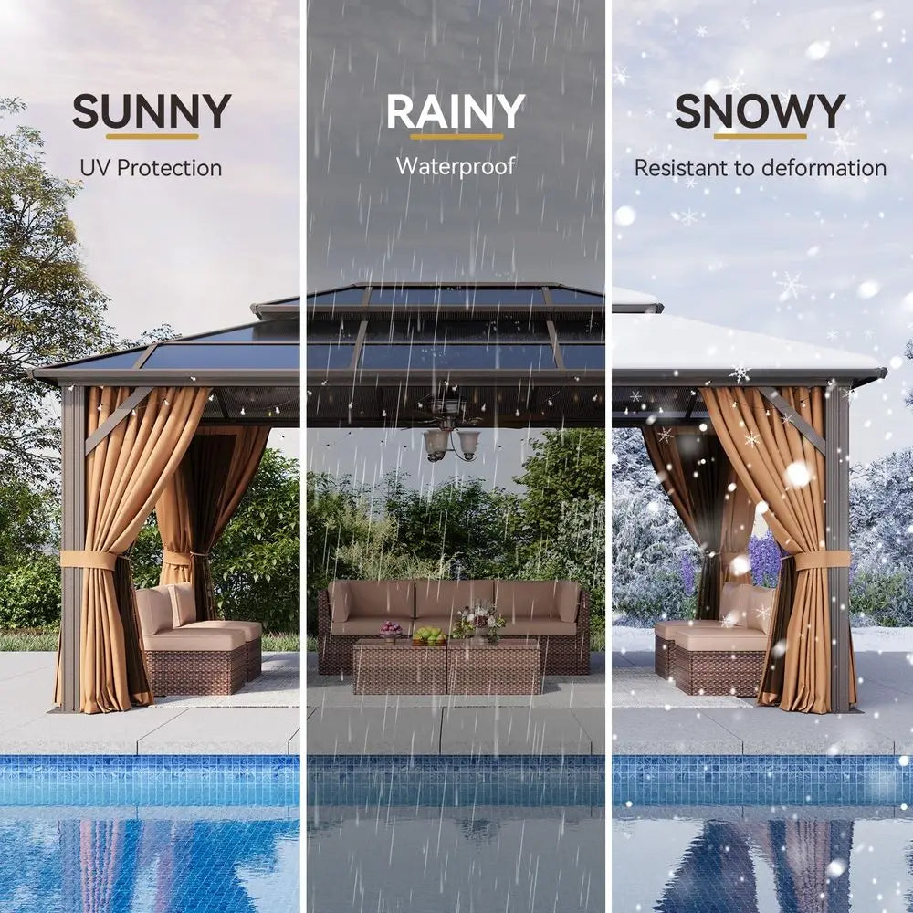 12x16 Outdoor Gazebo w/Double Polycarbonate Roof, Netting and Curtain