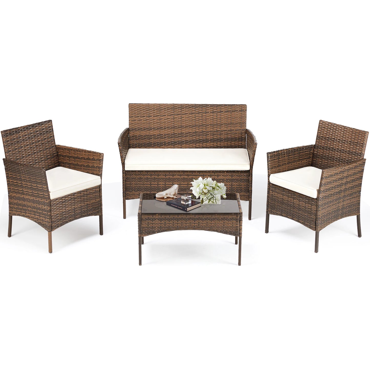 4pc Outdoor Wicker Furniture Set w/Soft Cushion and Glass Table