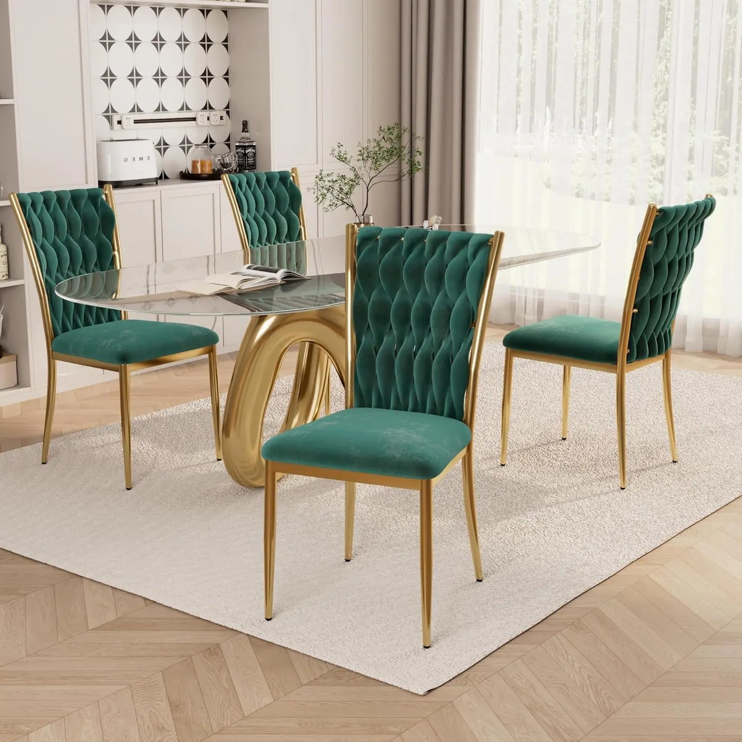 Set (4) Modern Velvet Upholstered Dining Chairs w/Gold Metal Legs