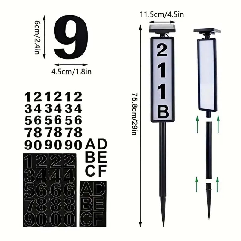 1 pc Solar Smart Light Powered House Address Sign w/Lighting, Pole Mount,