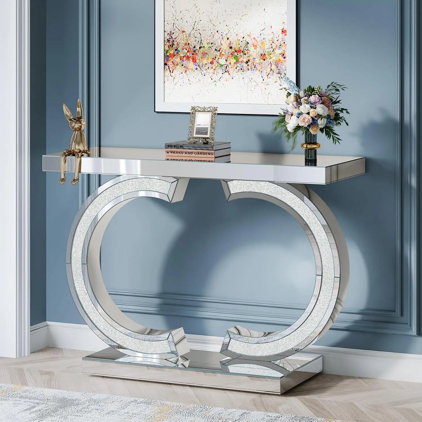 Mirrored Console Table with O-Shaped Base, Rectangle Accent Table