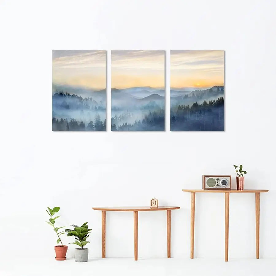 3 Panel Sunrise Misty Forest Print Picture Paintings Wall Art