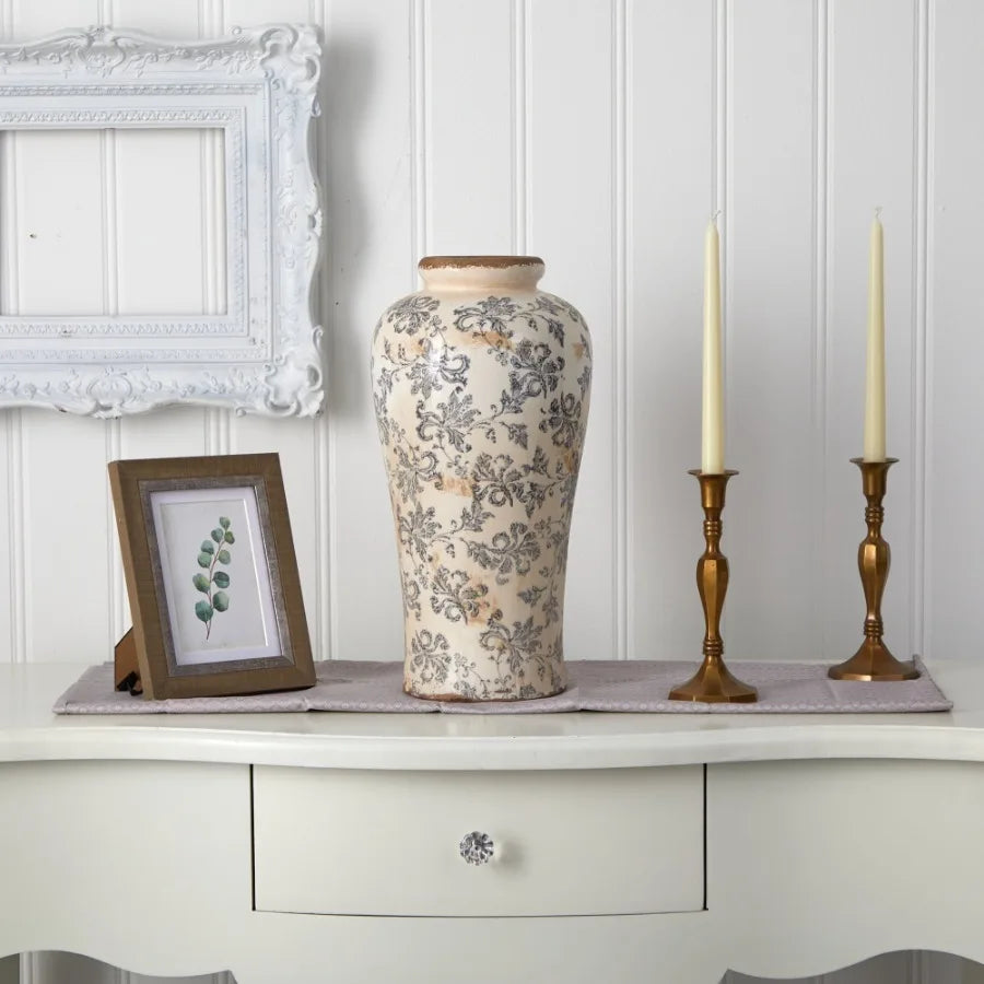 16in. Tuscan Ceramic Floral Scroll Urn Vase
