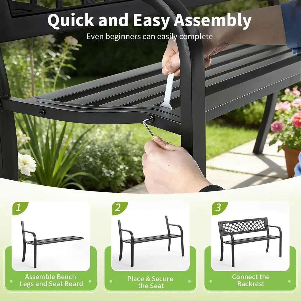 Black Steel Patio Bench w/Mesh and Plastic Backrest