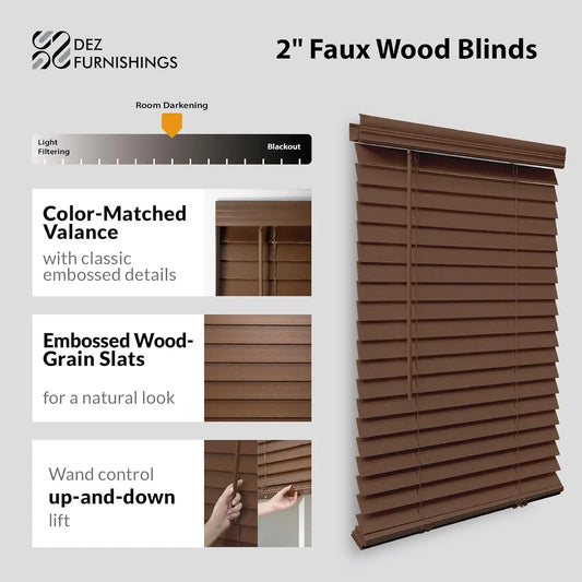 2-Inch Faux Wood Blinds, Dark Oak, for Easy Light Control