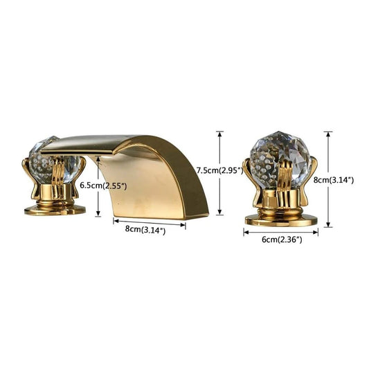 Gold Waterfall Bathroom Faucet, 2 Crystal Knobs 3 Holes