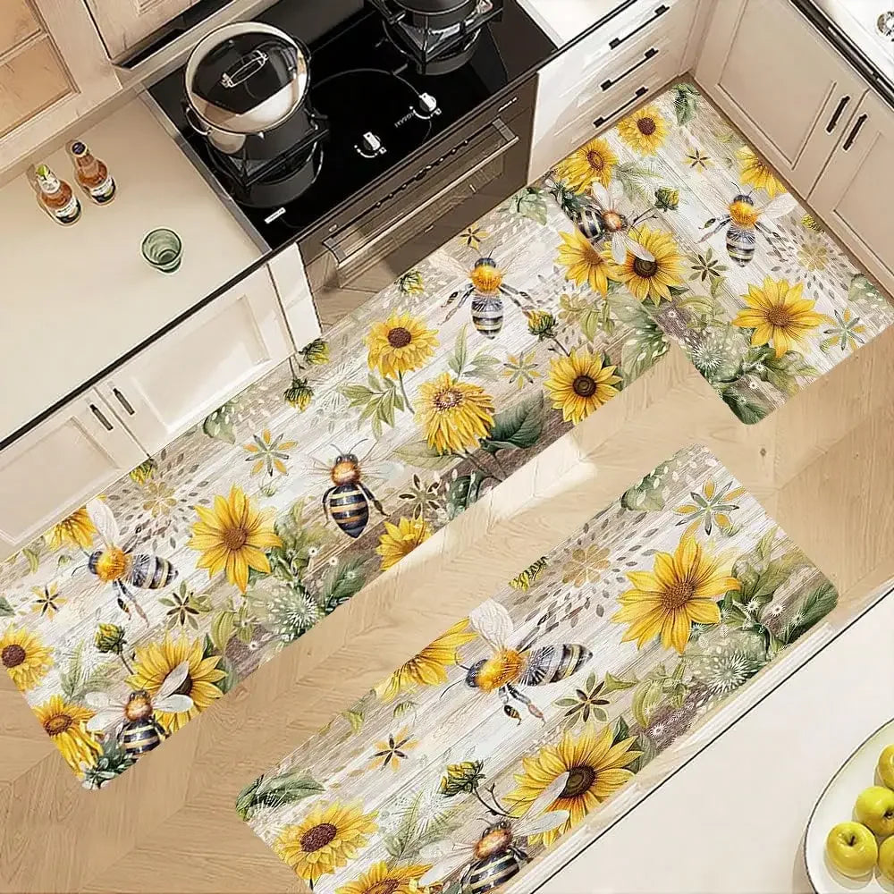 Bohemian Kitchen Mats, Bees and Sunflowers, Flannel Material with Anti-slip,