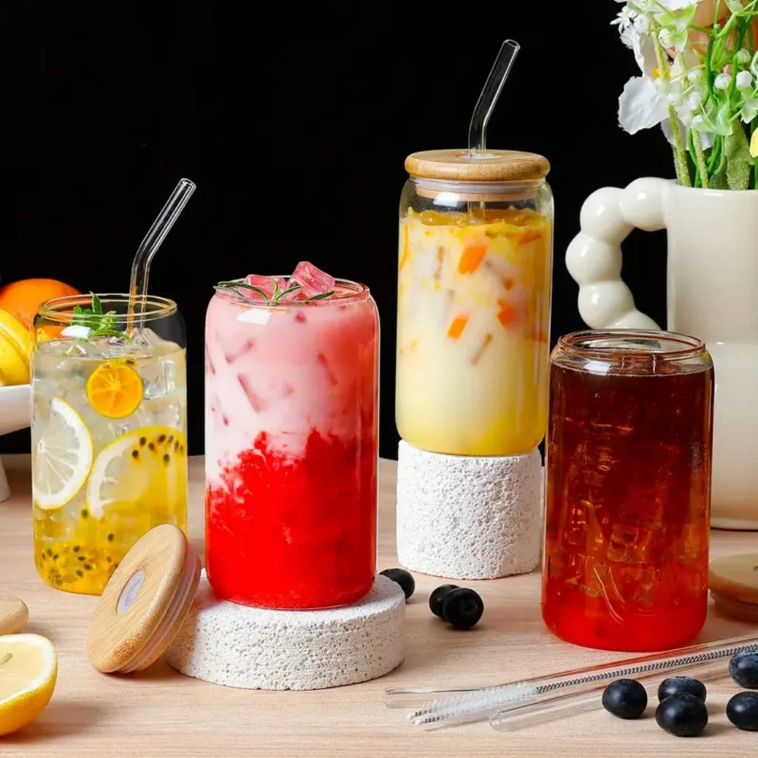 6pcs 18.6oz/550ml Drinking Glasses, Bamboo Lids, Glass Straw