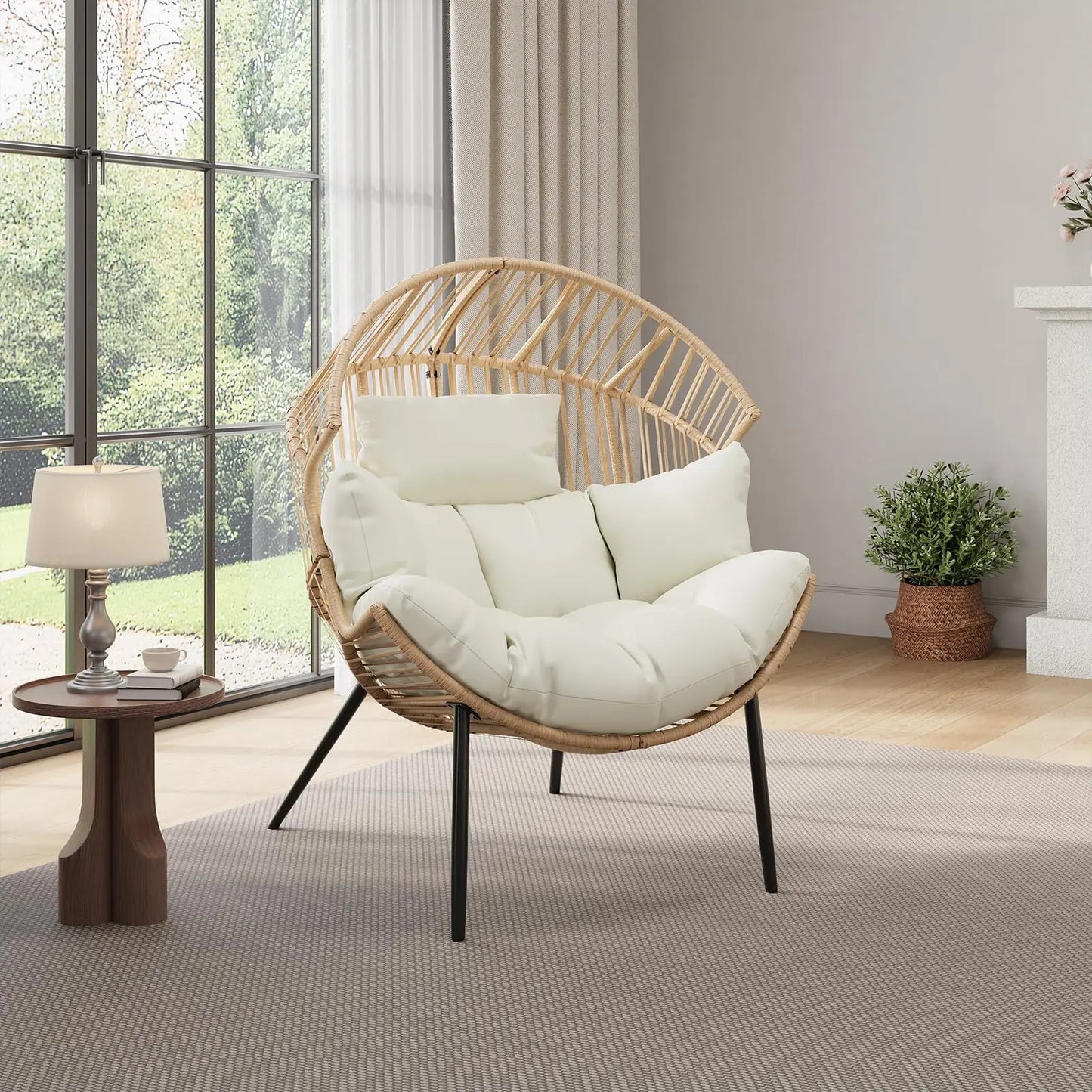 Oversized Ergonomic Papasan Wicker Egg Lounge Chair, Cushions