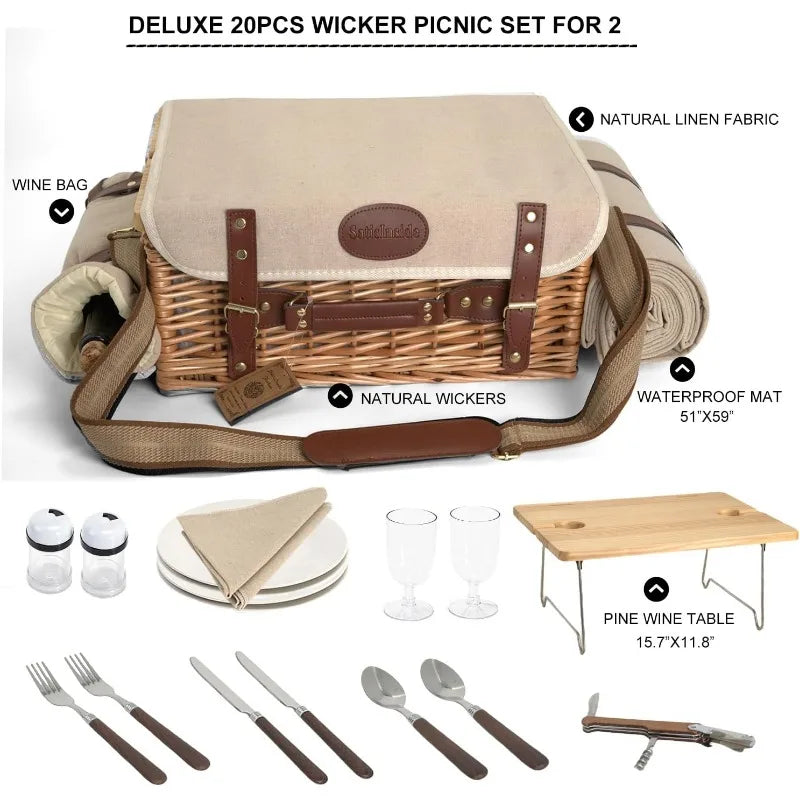Multi-use Insulated Wicker Picnic Basket for 2 w/Blanket, Table