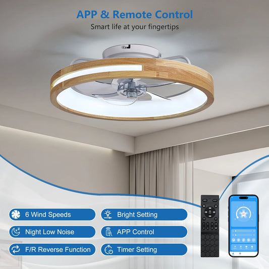 Modern 20" Wooden Flush Mount Ceiling Fan,