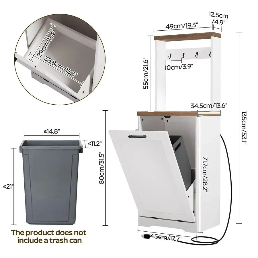 10gl. Coffee Bar, Kitchen Trash Bin Cabinet w/Hooks, Charging