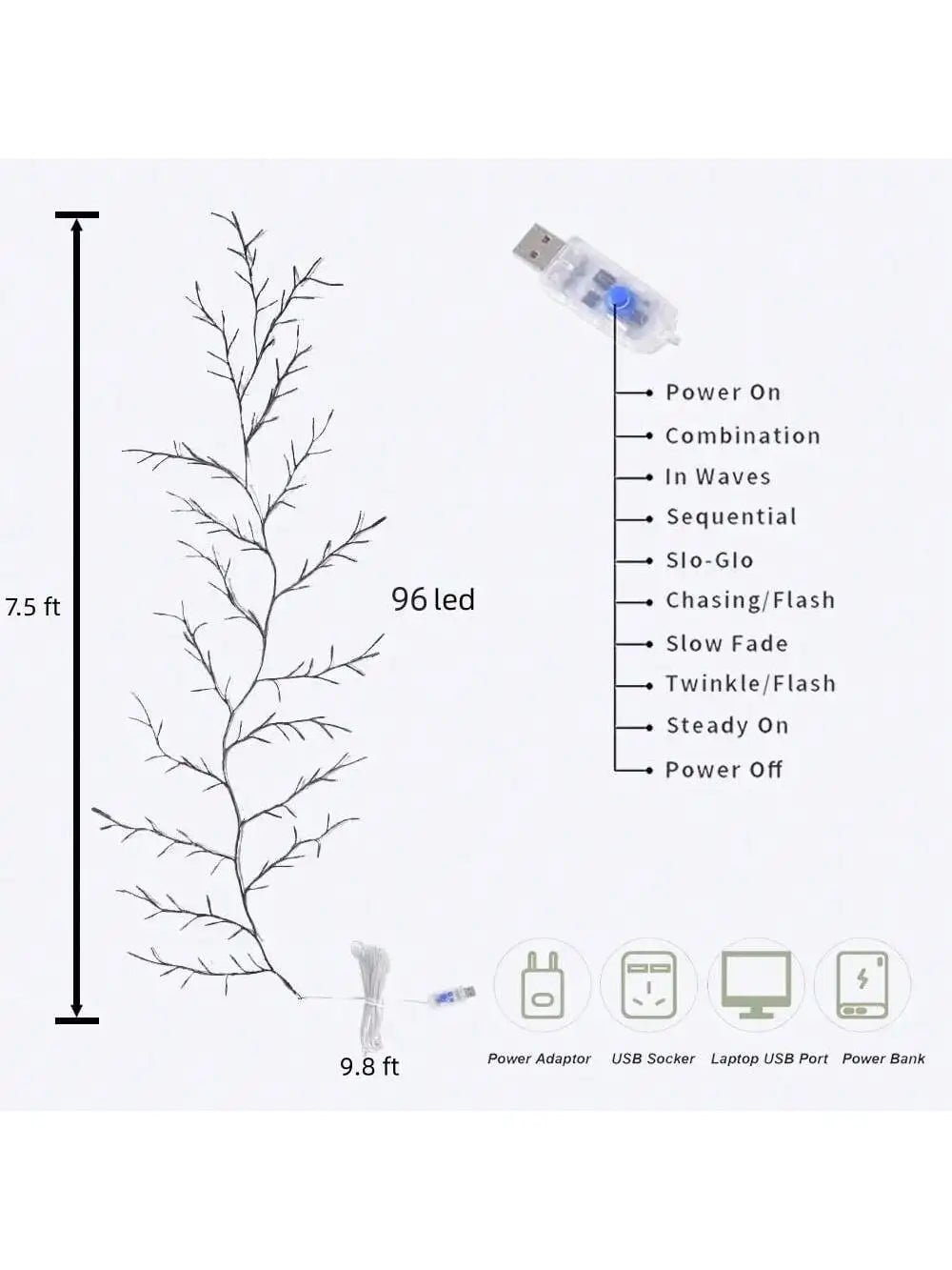 1pc 96 LED 6Ft Flexible Tree Branch Willow Fairy Lights w/8 Modes