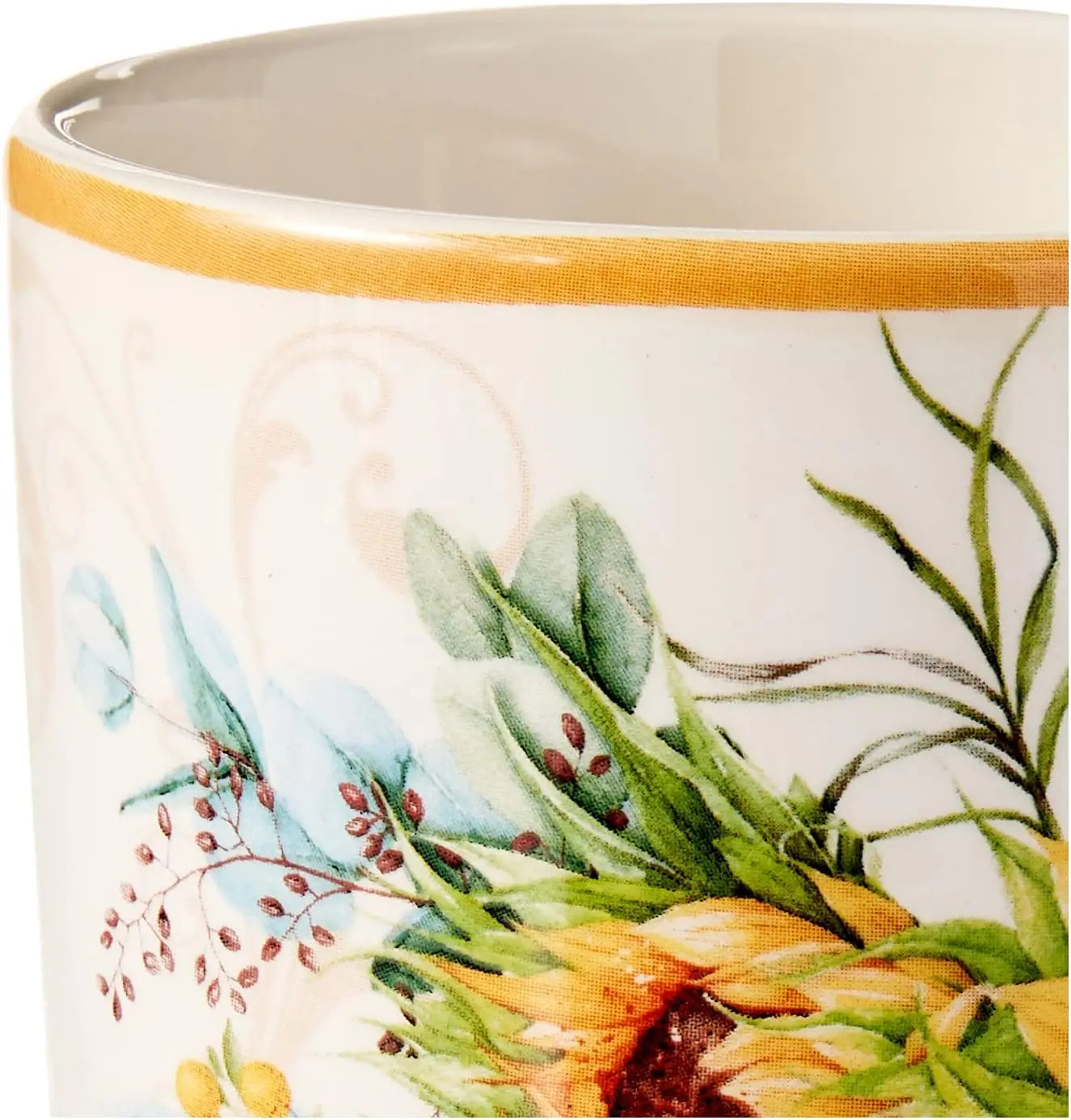 Gold Handles, Sunflower Ceramic Mugs, Set of 4, 18 oz