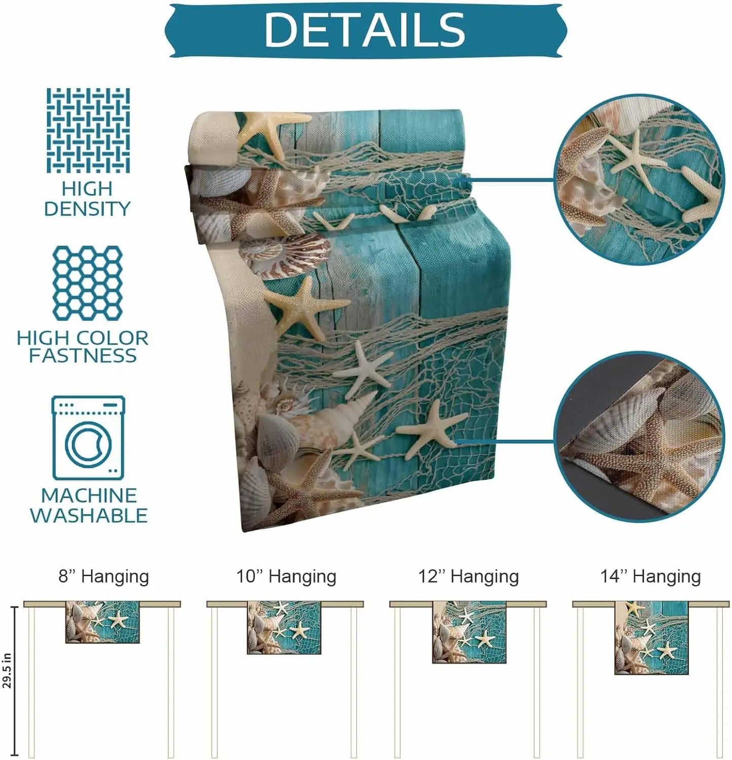 Summer Beach Starfish Shell Linen Table Runner