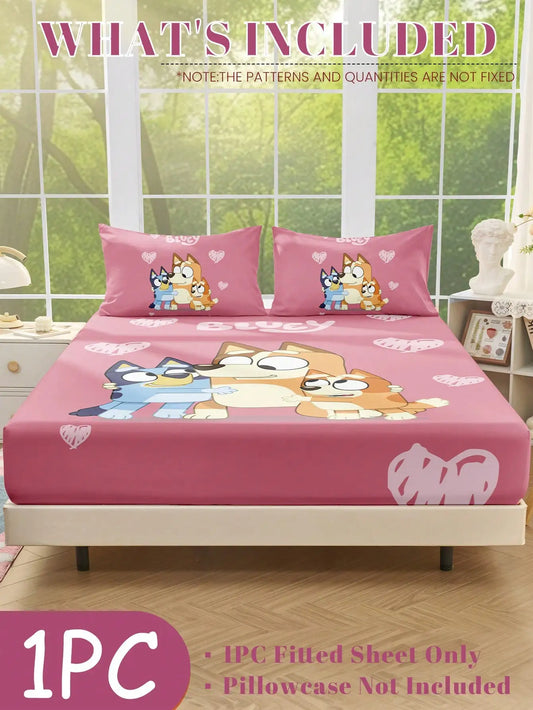 Pink Cartoon Dog Print Fitted Sheet Set