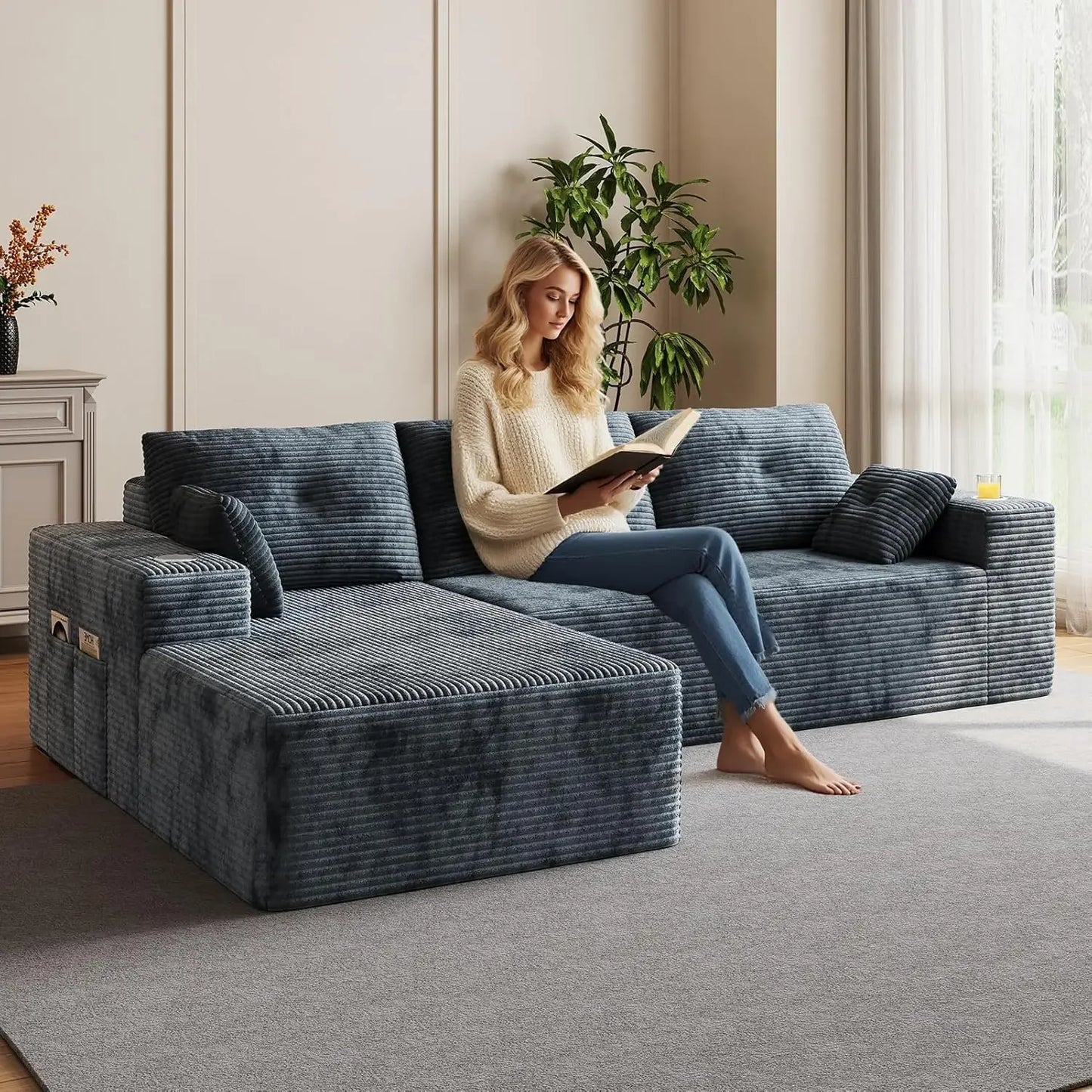 109" Boneless, Deep Modular Sectional Sofa w/Oversized Chaise,