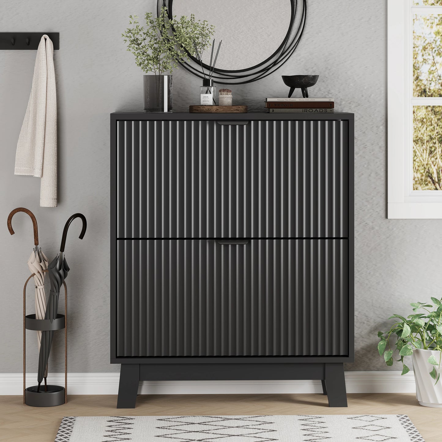 37" Tall Narrow Fluted Shoe Cabinet w/2 Flip Drawers