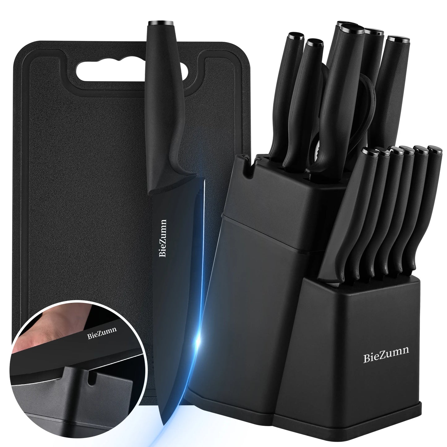 15/3-Piece Knife Set w/Cutting Board, Scissors, Built-In Sharpener