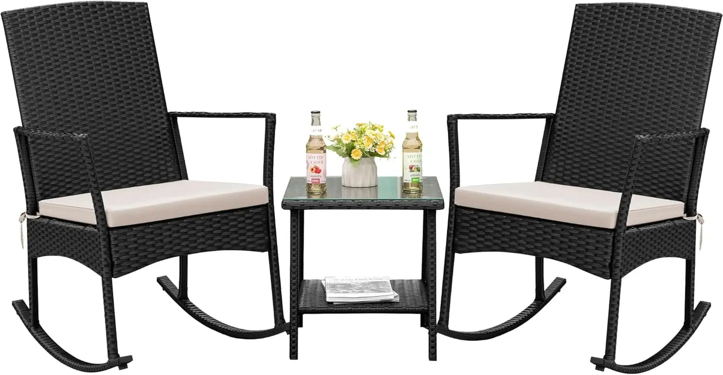 Outdoor High Back Rocking Chair Set w/Glass Table, Beige