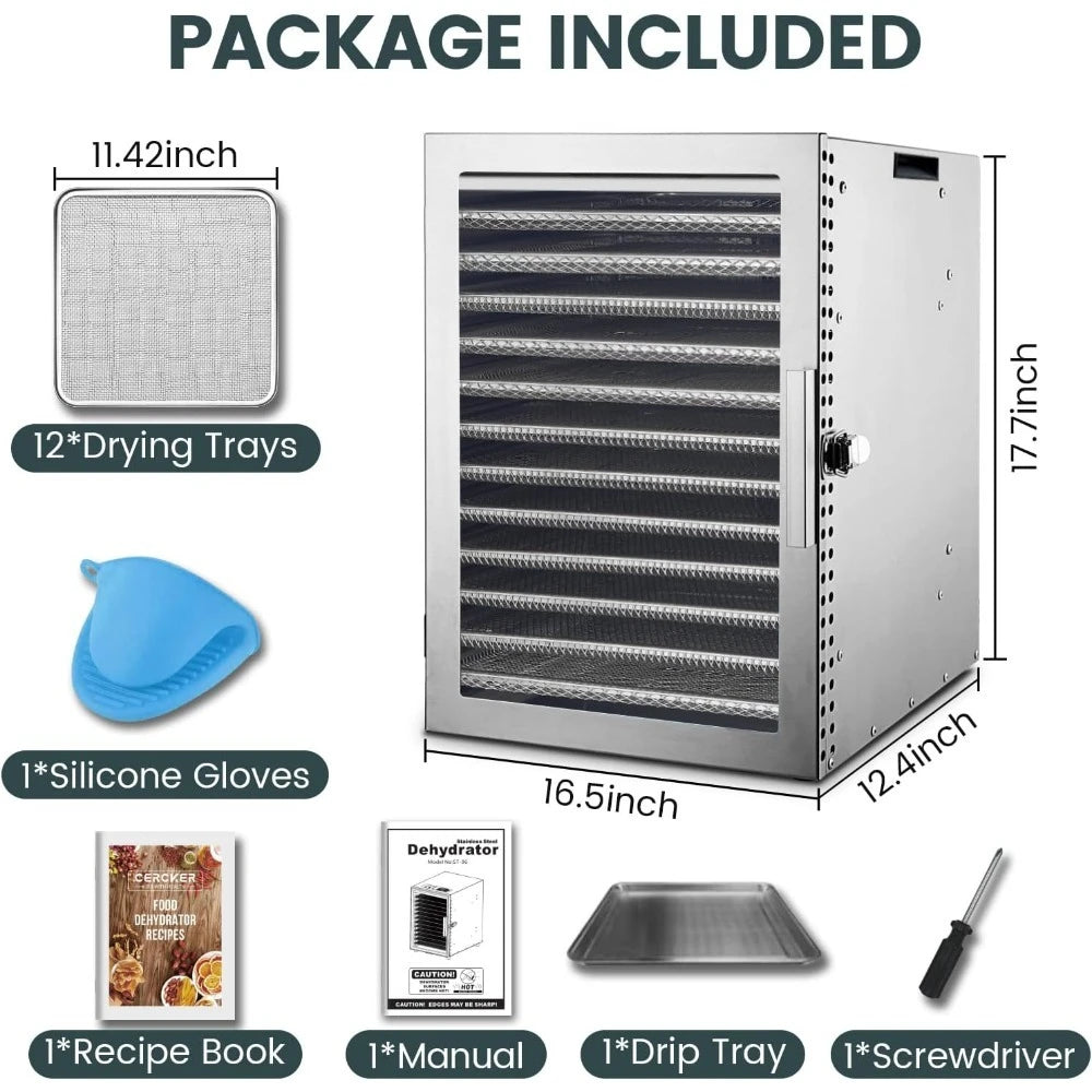 10.9ft² Food Dehydrator Machine, 12 Stainless Steel Trays