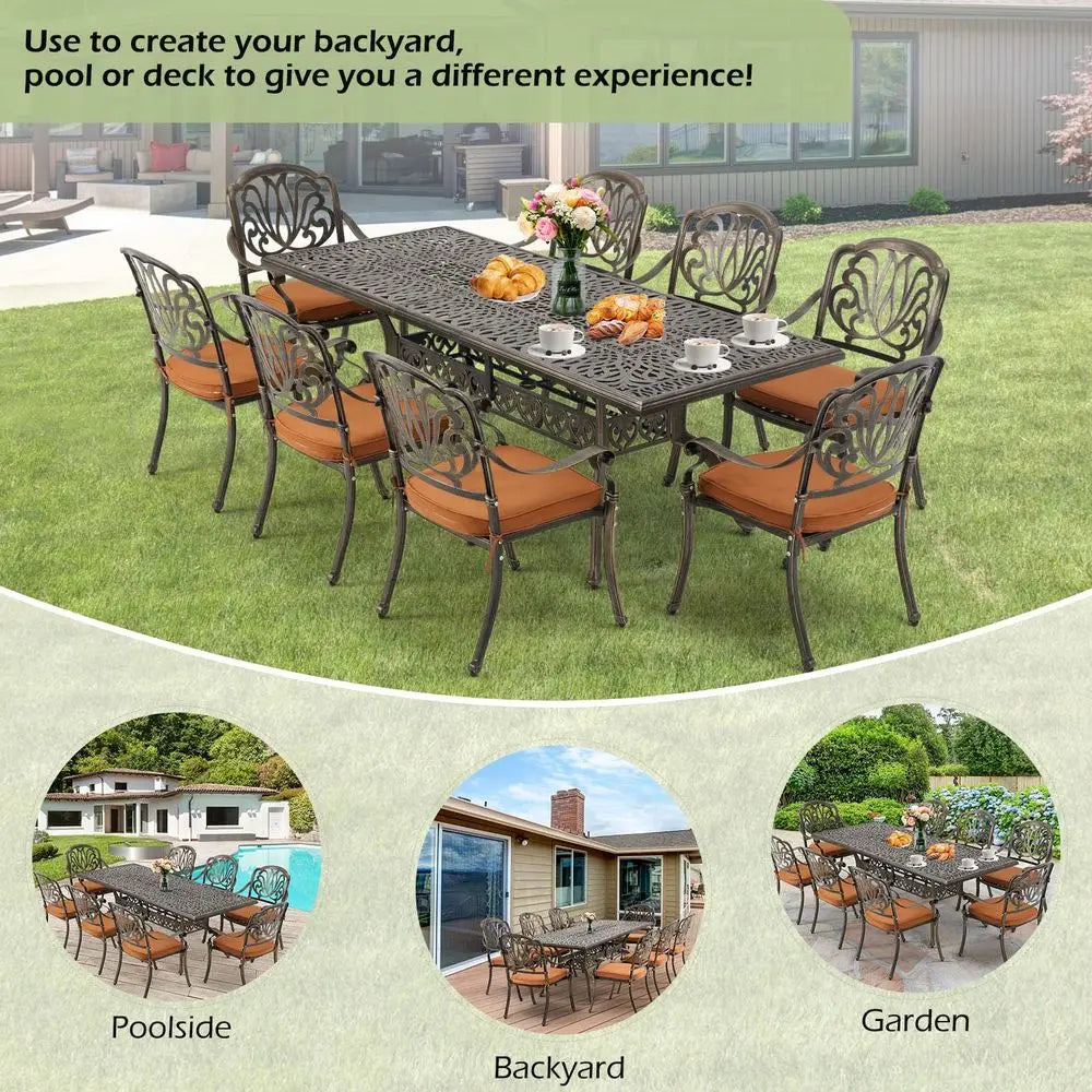 9pc Aluminum Patio Furniture Set, 86.6" Rectangular Table and Cushions