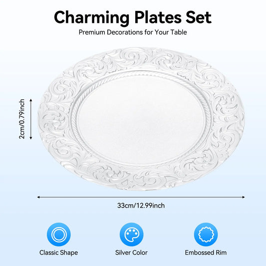 100 Pcs Silver Charger Plates Bulk, Reusable, 13" Round