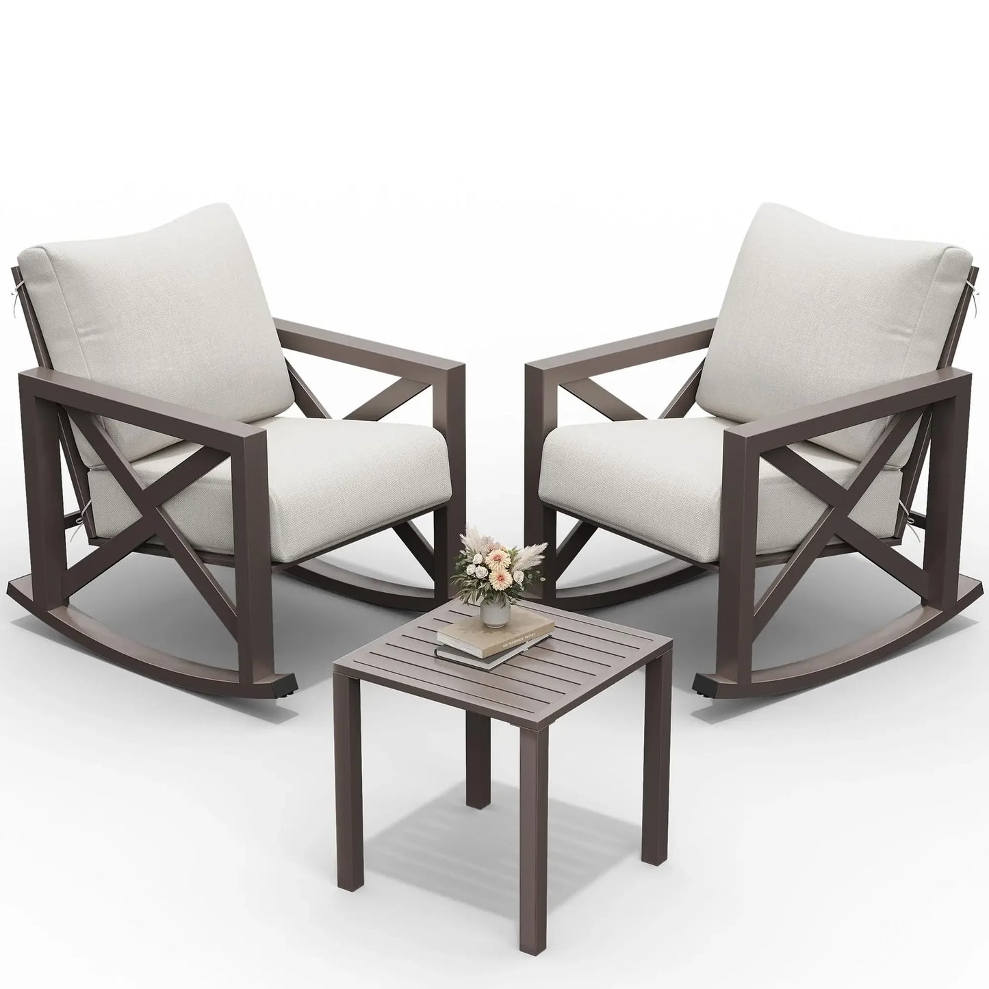 2 Outdoor Rocking Chair Set w/Table and 6.5" Water-Resistant Cushions