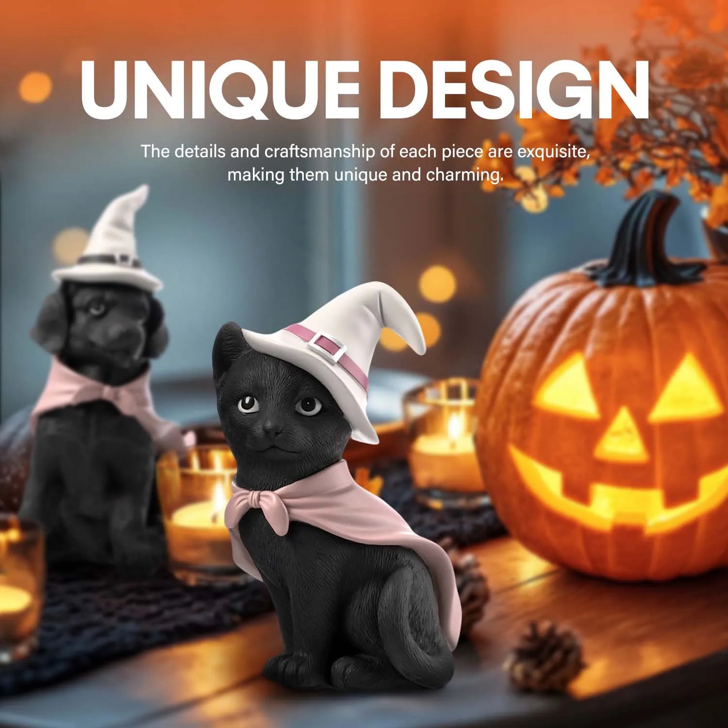 2pc Halloween Witch Hat, Black Cat and Dog Pet Figurine Set