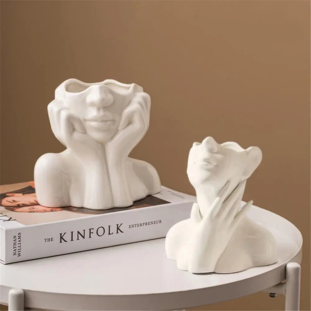 Unique White Flower Ceramic Female Face Vase