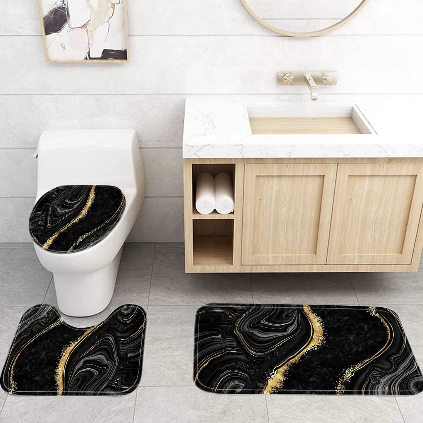 4-Piece Black Marble Shower Curtain Set