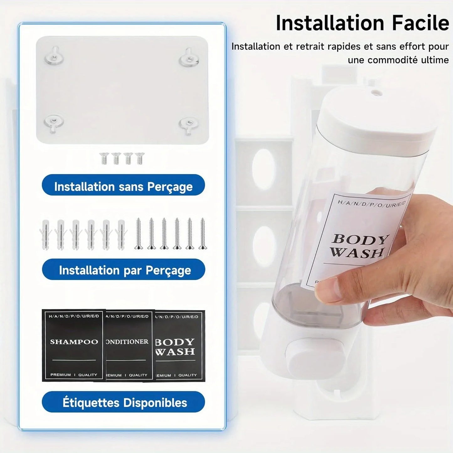 Wall-Mounted 3-in-1 Shampoo, Conditioner, Soap Dispenser, No Drilling