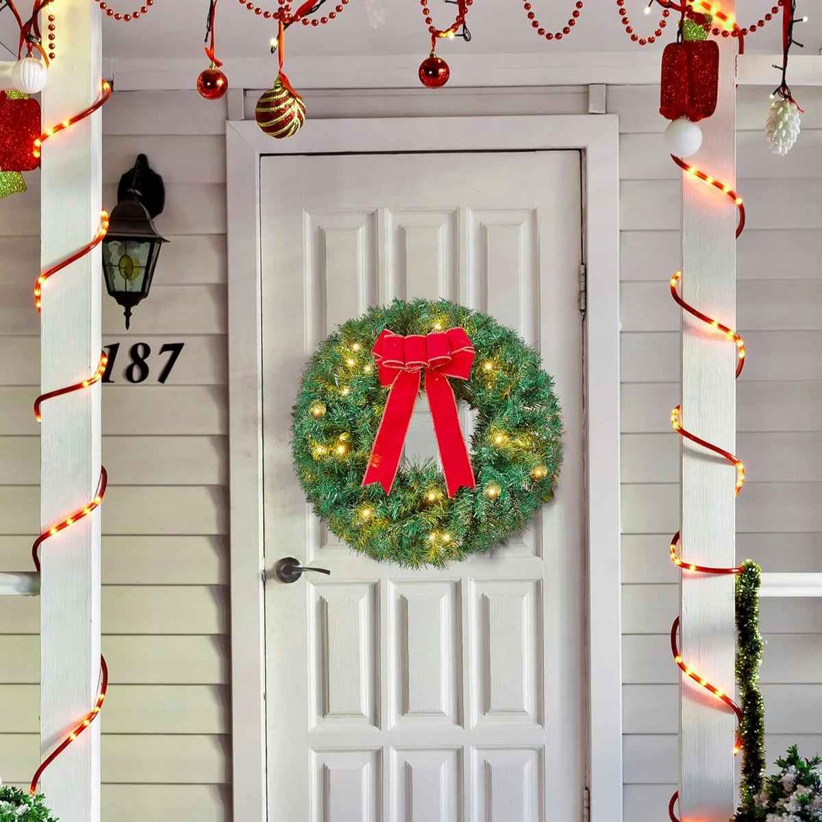 19" Christmas Pre-Lit Wreath with LED Lights with Ribbon